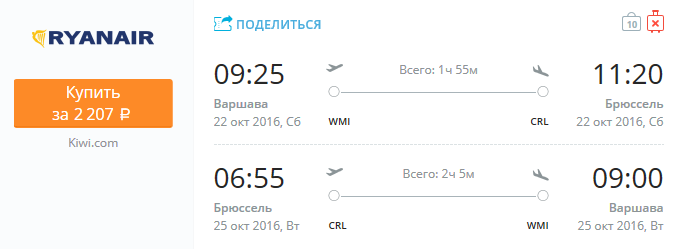 Ryanair: Варшава - Брюссель 2200 рублей туда-обратно с 22 по 25 октября
