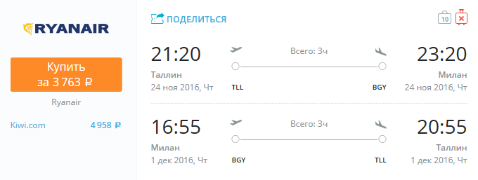 Ryanair из Таллина в Милан за 3700 рублей в ноябре-декабре
