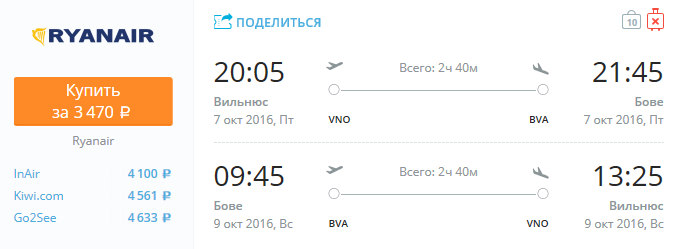 Ryanair из Вильнюса в Париж за 3200-3500 рублей туда-обратно