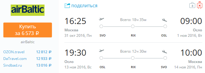 AirBaltic из Москвы в Осло за 6500 рублей туда-обратно
