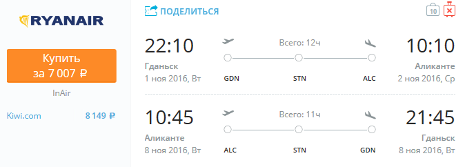 Ryanair - из Гданьска в Аликанте всего за 7000 рублей туда-обратно, для Калининграда